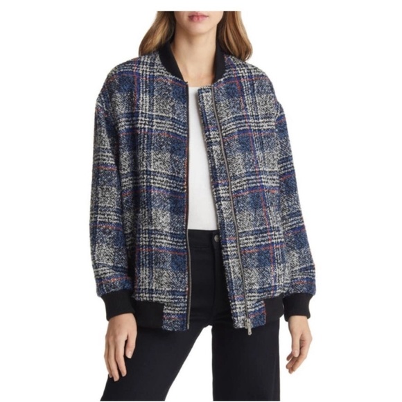 Avec Les Filles Jackets & Blazers - Avec Les Filles Plaid Tweed Bomber Jacket Coat, Size 3X, Gray Grey Blue